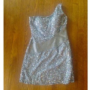 Prom, Formal, Cocktail Sequin, Asymmetrical, Scala, mini dress silver/gun metal